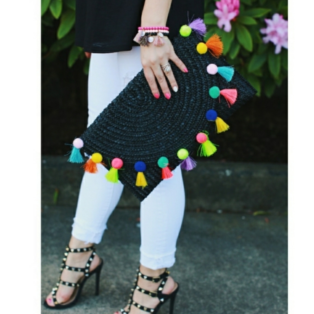 Pompom straw clutch purse